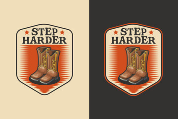 Cowboy boots retro badge logo vector design set for western fashion and country apparel. Wild west vintage emblem logo graphic. Ranch footwear illustration label element designs