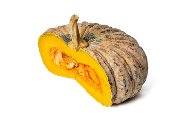 Photo of pumpkin taken with a high-resolution camera using the focus-stacking technique on a white background.