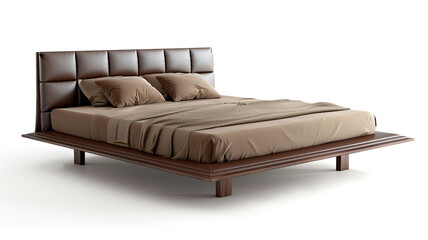 Sleek, modern brown platform bed with a tufted leather headboard and minimalist design, isolated on a white background.