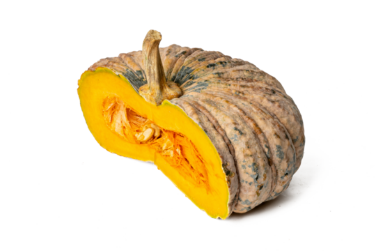 Photo of pumpkin taken with a high-resolution camera using the focus-stacking technique on a white background.