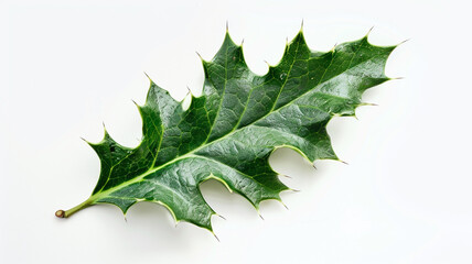 Fototapeta premium A single, deep green holly leaf with sharp, spiky edges and glossy texture, isolated on a clean white background.