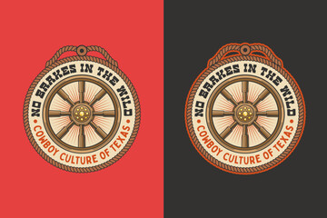 Wagon wheel retro badge logo vector design set for cowboy and pioneer travel themes. Western vintage emblem logo graphic. Country cart illustration label element designs