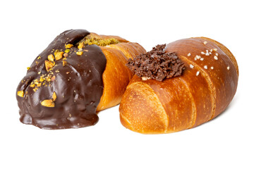 High-resolution photograph of a chocolate croissant isolate on white, taken with a high-resolution 45MP camera