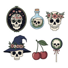 Whimsical halloween skull illustrations featuring flowers and witchcraft elements for festive decorations