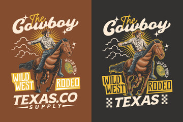 Cowboy riding horse retro illuistration design for wild west and adventure themes. Western vintage graphic. Country rider illustration label element designs