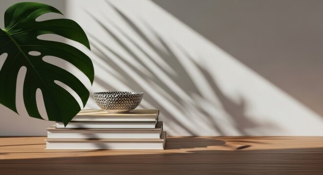 A Monstera leaf casts dappled shadows on a white wall behind a stack of books topped with a decorative bowl on a wooden shelf