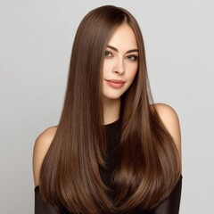Naklejka premium A young woman with long straight brown hair, looking elegant and stylish in a studio setting.