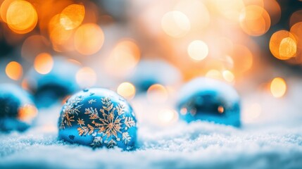 Bright blue Christmas ornaments decorated with snowflake patterns are nestled in soft snow. They reflect warm holiday lights creating a festive atmosphere, perfect for the winter season