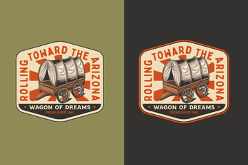 Pioneer wagon retro badge logo vector design set for adventure traveler. Vintage western emblem logo graphic. Country illustration label element designs