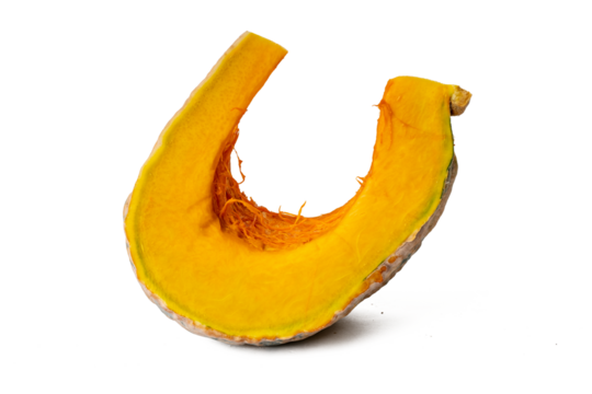 Photo of pumpkin taken with a high-resolution camera using the focus-stacking technique on a white background.