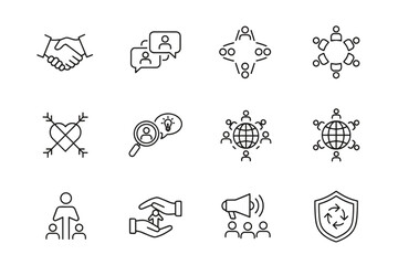 Business and collaboration vector line icon set. Teamwork, communication, partnership, and leadership concepts. Human resources, global team, meeting, support, and community icons.