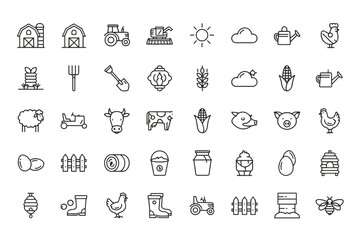 Farm and agriculture line icon set. Vector collection of rural life, organic food, and livestock symbols. Includes barn, tractor, cow, pig, chicken, crops, and tools.