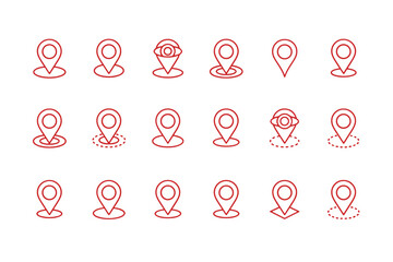Map pin icon set. Location pointer and marker collection for navigation. GPS destination and geotag position symbols. Vector line art for tracking, route, and place finding.