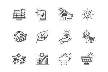 Renewable green energy vector line icons. Solar panel, sun power, battery storage, wind turbine, and eco friendly technology symbols for sustainability and ecology concepts.