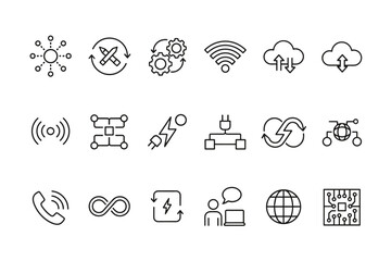 Technology and connectivity line icon set. Vector symbols for business process, network, cloud computing, data sync, workflow automation, energy, and communication concepts.
