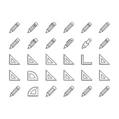 School and office supplies icon set. Pencil, triangle ruler, protractor and set square line icons for technical drawing. Geometry, education and architecture tools vector pack.
