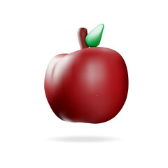 Glossy Ripe Red Apple with Green Leaf and Stem Isolated on a White Background with Soft Shadow and Subtle 3D Rendering Effect