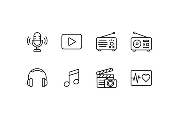 Media entertainment icon set. Simple line art symbols for web design. Microphone for podcast, radio, headphones, music note, play button, film clapperboard and heartbeat.