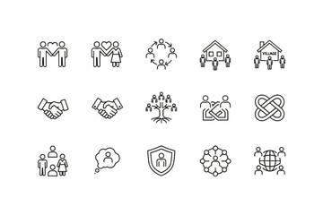 Community and relationship line icon set. Vector symbols for family, love, teamwork, partnership, society, unity, social network, genealogy, protection and global connection.