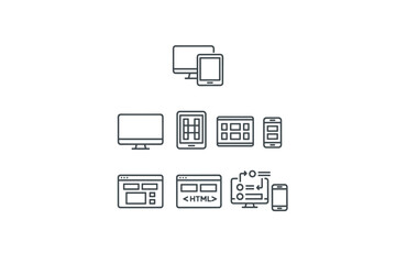 Responsive web design line icon set. UI UX interface development. Vector symbols for mobile app and website. Cross-platform adaptivity, from desktop to smartphone.