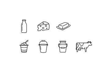 Dairy products icon set vector line art illustration. Milk, cheese, butter, yogurt, and farm cow symbols. Organic food, agriculture, and fresh dairy production concept.