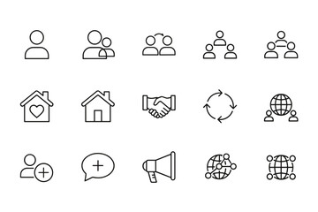 Community and social media line icon set. Concepts of teamwork, communication, global network, and business partnership. People, user group, home, and interface vector symbols.