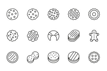 Cookie and biscuit line icon set. Vector collection of sweet baked goods. Pastry, dessert food symbols. Chocolate chip, gingerbread man, croissant, sandwich snack illustration.