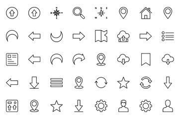 Universal line icon set for UI and UX design. Web and mobile app interface symbols. Navigation, user, settings, home, map, search, download, upload, arrow signs.