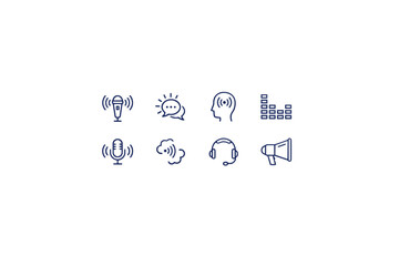 Voice and audio line icon set. Communication, sound recording, podcasting symbols. Microphone, speech, listen, headset, equalizer, sound wave, megaphone vector outline icons.