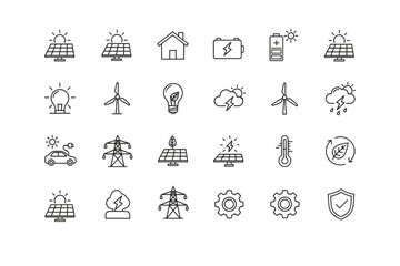 Renewable energy line icon set. Green power, sustainability, ecology concept. Solar panel, wind turbine, electric car, battery storage. Eco friendly technology vector icons.