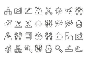 Education and child development thin line icon set. Concepts for school, kindergarten, learning, growth, friendship, and cognitive thinking. Vector symbols of books, puzzles, and kids.