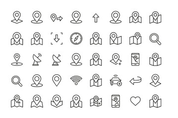 Location and navigation line icon set. GPS pin, map marker, destination route, compass, satellite, direction symbols. Simple thin line vector for mobile app and web design UI UX.