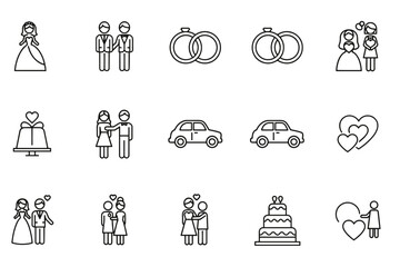 Wedding line icon set vector. Marriage celebration symbols. Bride, groom, gay & lesbian couples, LGBT love. Rings, cake, car, heart outline icons for ceremony invitation.