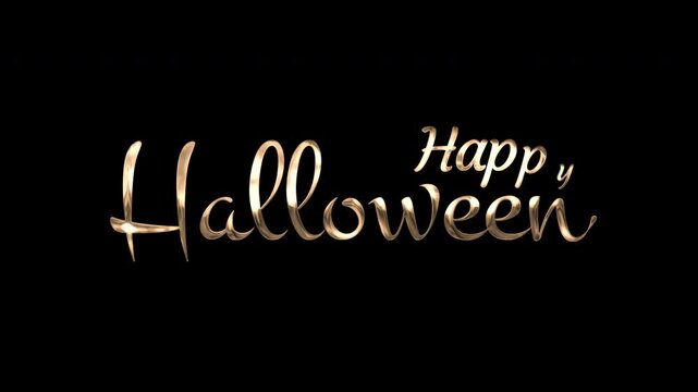 Golden cursive happy halloween script on black background. Suitable for halloween themed designs, party invitations, and seasonal social media posts.