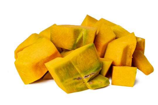 Photo of pumpkin taken with a high-resolution camera using the focus-stacking technique on a white background.