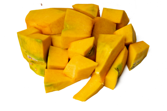 Photo of pumpkin taken with a high-resolution camera using the focus-stacking technique on a white background.