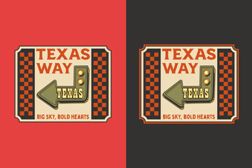 Texas sign retro badge logo vector design set for cowboy road and western travel themes. Wild west vintage emblem logo graphic. Country signboard illustration label element designs