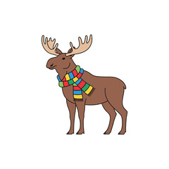Majestic moose wearing a colorful striped scarf standing proudly outdoors vector