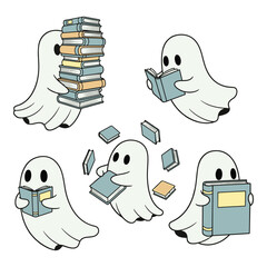 Cute cartoon ghosts enjoying reading books in various poses and stacks of literature on white background