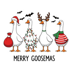 Four festive cartoon geese dressed in christmas attire with a merry goosemas greeting and bats in the background