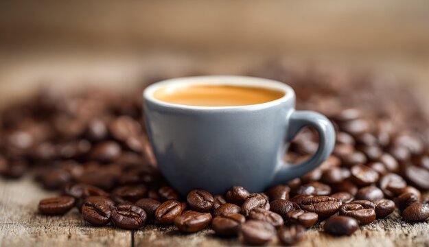 Close-up of a blue ceramic cup filled with espresso surrounded by roasted coffee beans on a rustic wooden surface with a blurred background