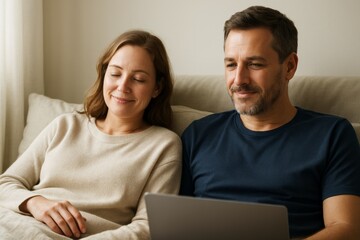 Middle-aged couple relaxing together on sofa while using laptop, enjoying cozy moment in warm light with neutral background in home interior. Ai generative