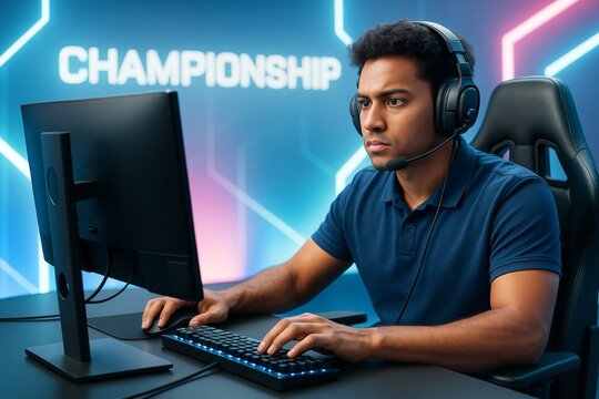 Focused gamer competing in esports championship with headset and RGB lighting in futuristic digital environment background. Ai generative. Ai generative - Powered by Adobe