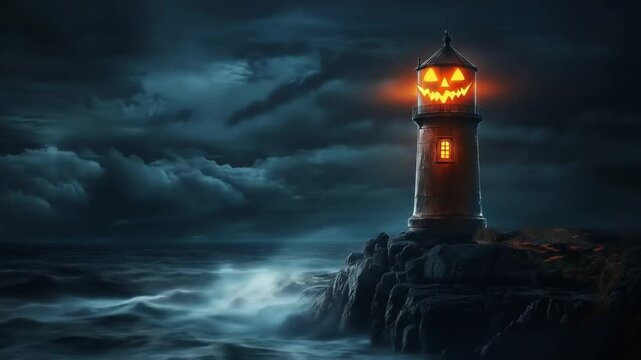 Halloween lighthouse on rocky coastline against dark stormy sky