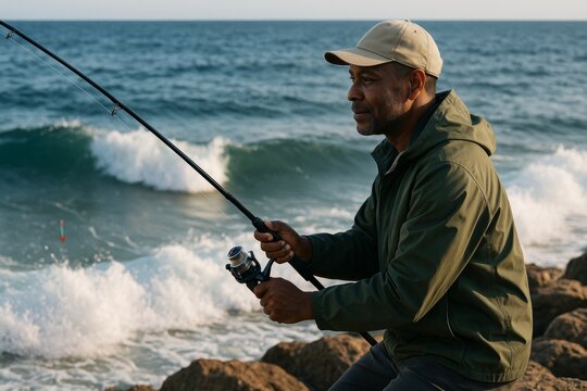 Man fishing on rocky seashore with ocean waves crashing in background during golden hour light, enjoying peaceful outdoor moment in nature. Ai generative