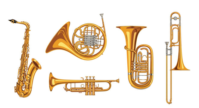 A collection of brass and woodwind musical instruments.