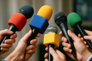 Fototapeta premium Multiple microphones held by hands colorful microphone covers press conference media