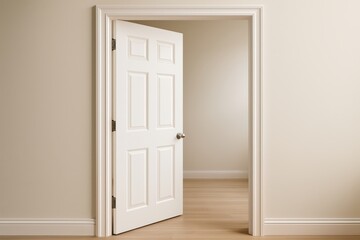Fototapeta premium Open white door revealing a room interior with wooden floor