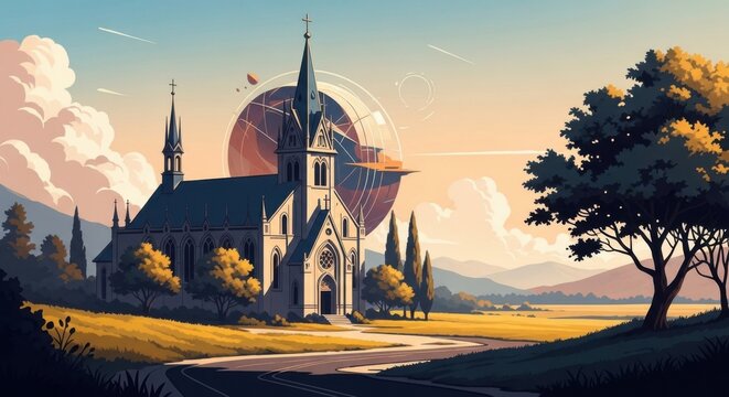 A Majestic Gothic Revival Church Stands Serenely Amidst a Picturesque Pastoral Landscape Under a Hazy Sunrise with Distant Mountains and a Large Ringed Celestial Body in the Sky - Powered by Adobe