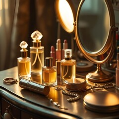 Luxury perfume bottles and cosmetics on elegant vanity table in warm golden light
